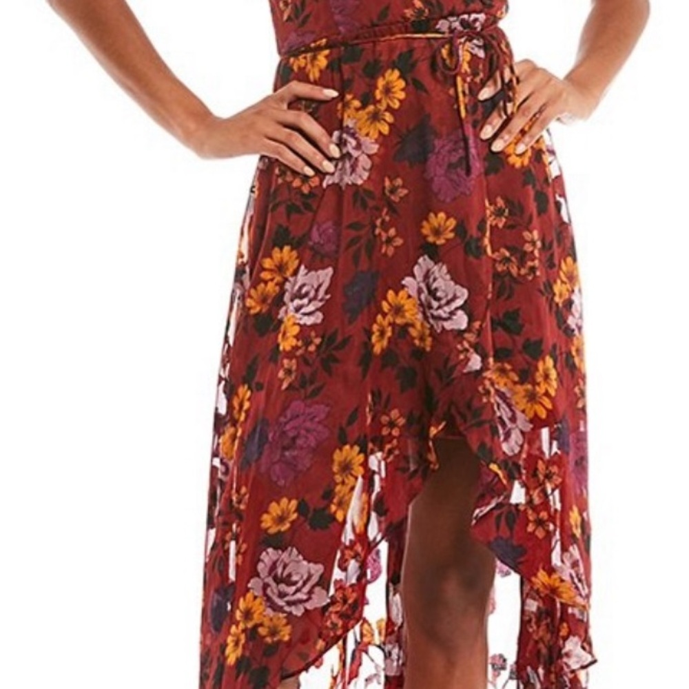 I.N. San Francisco off the shoulder printed ruffle trim high low dress MEDIUM